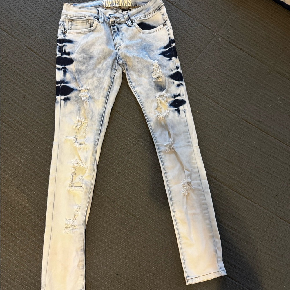 VIP Black and White Distressed Skinny Jeans